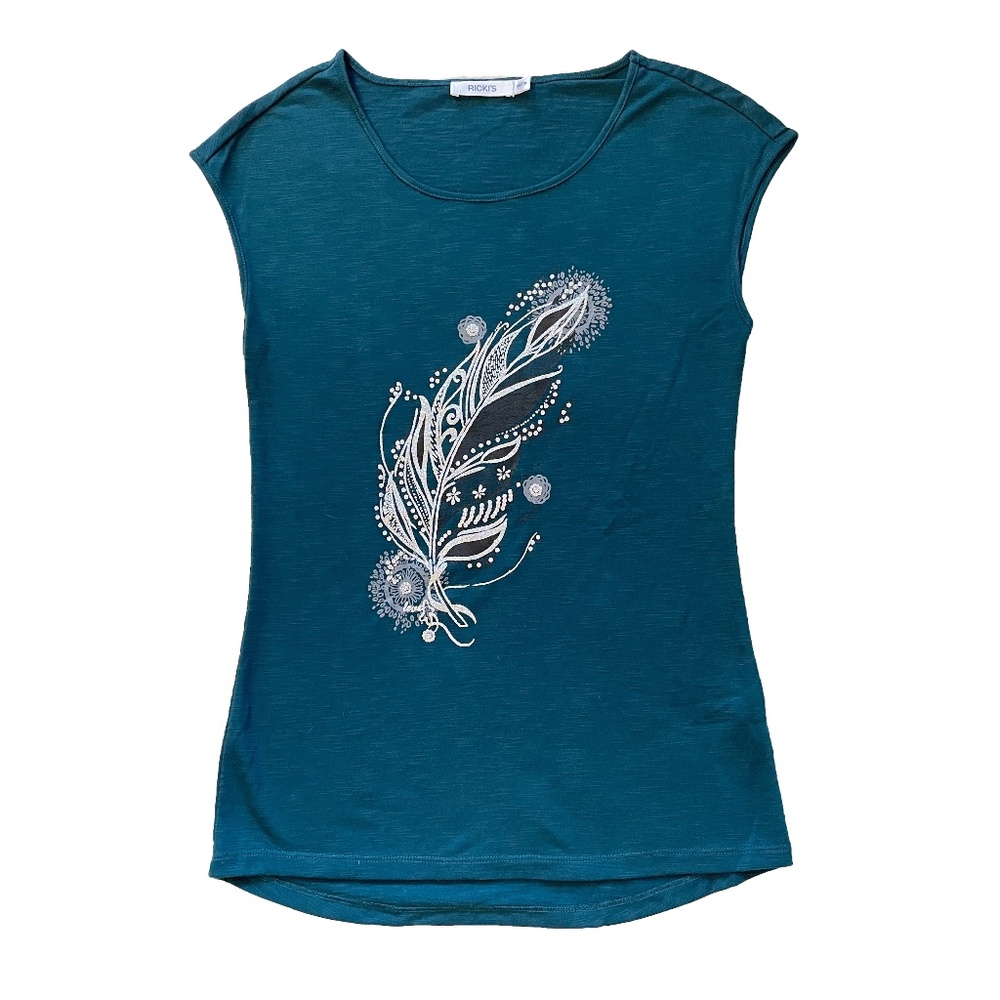 EUC Ricki's Sleeveless T-Shirt with Feather Print in Teal Size XS